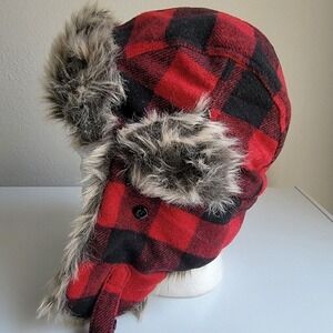 Trapper Hat Ear Flaps OS Faux‎ Fur Red Black Lumberjack Plaid Strap Target